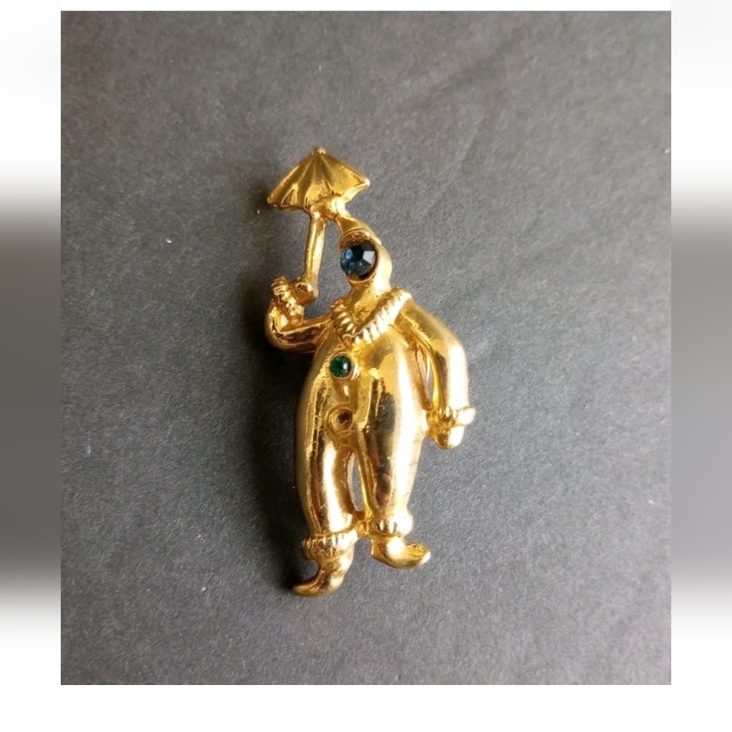 Jj Brooch Pin Vintage Clown Circus Umbrella Rhinestone Gold Tone Estate Jonette
